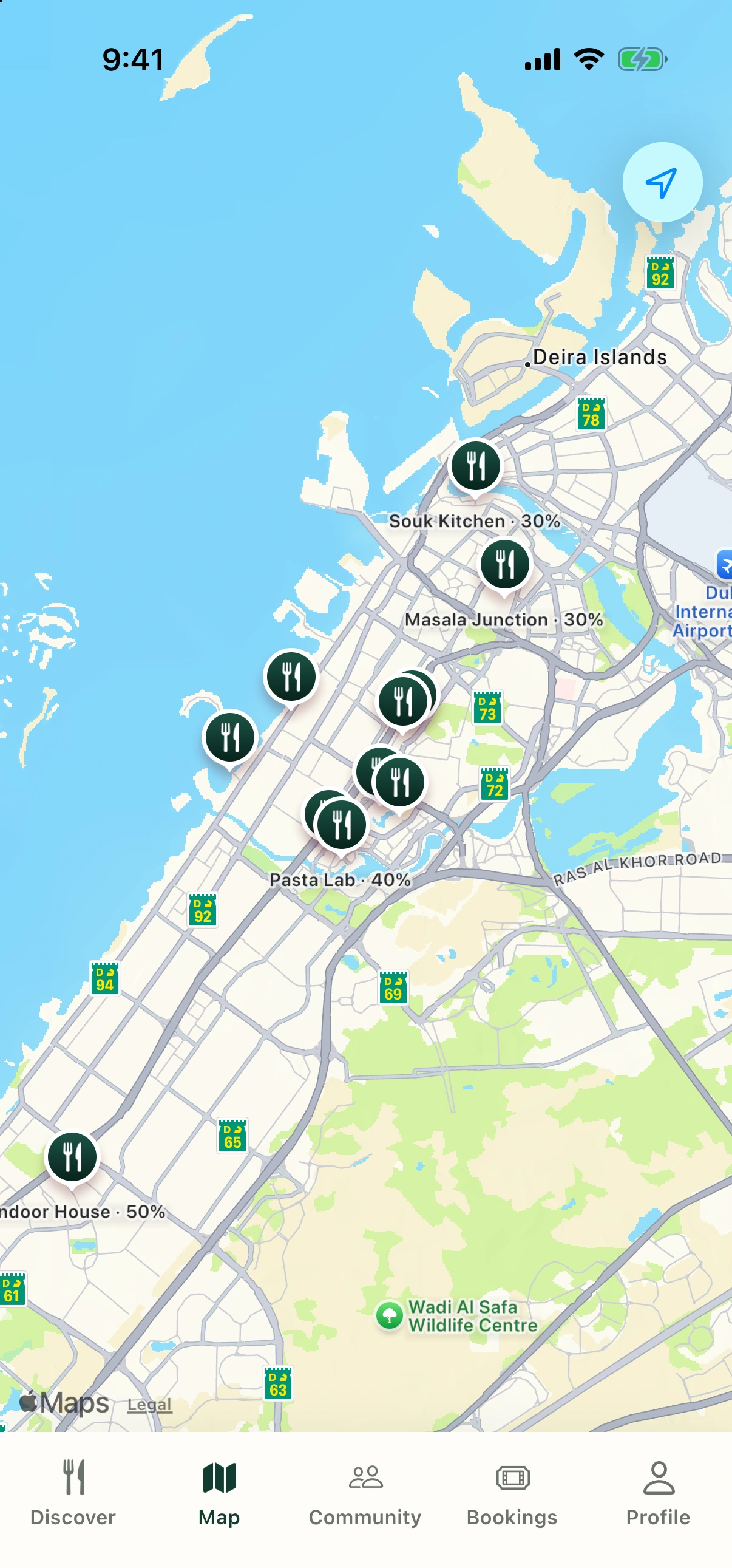 Map of Dubai with restaurant pins and discounts